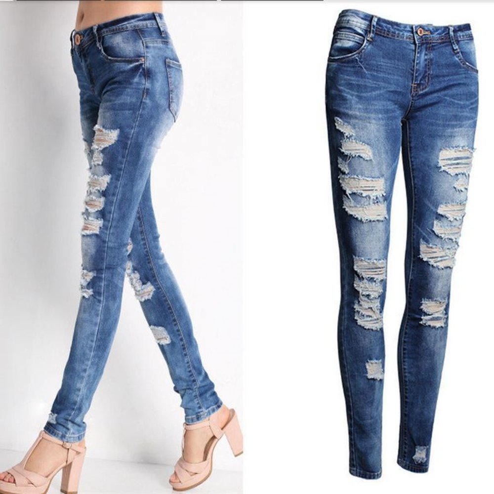 Mid Rise Distressed Skinny Jeans Stretch Ripped Blue Denim Slim Fit Women - Picture 4 of 9